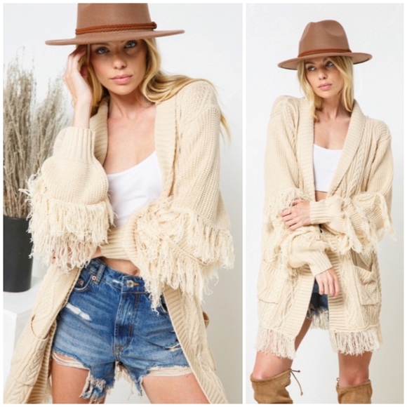 Sweaters - SOLD OUT Bohemian Cream Fringe Cable Knit Open Cardigan Sweater Pockets Casual